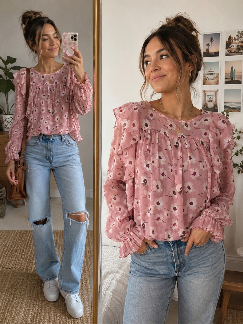 Lucky Brand Pink Floral Ruffle Blouse Boho Peasant Top Long Sleeve Size L